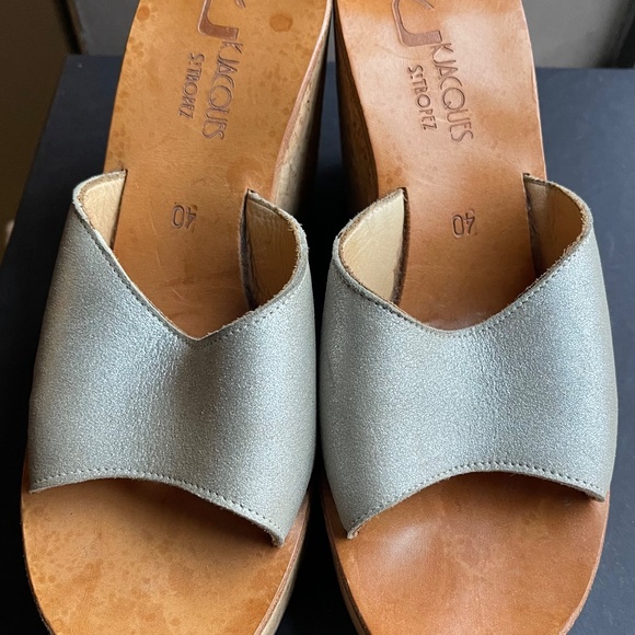 K Jacques St Tropez Silver Leather Cork Platform Slides - Picture 4 of 9